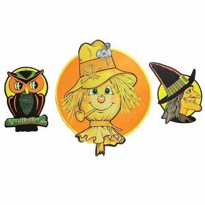 Beistle Co Large Halloween Paper Cutout Lot Of 3  Scarecrow Witch Owl Damaged